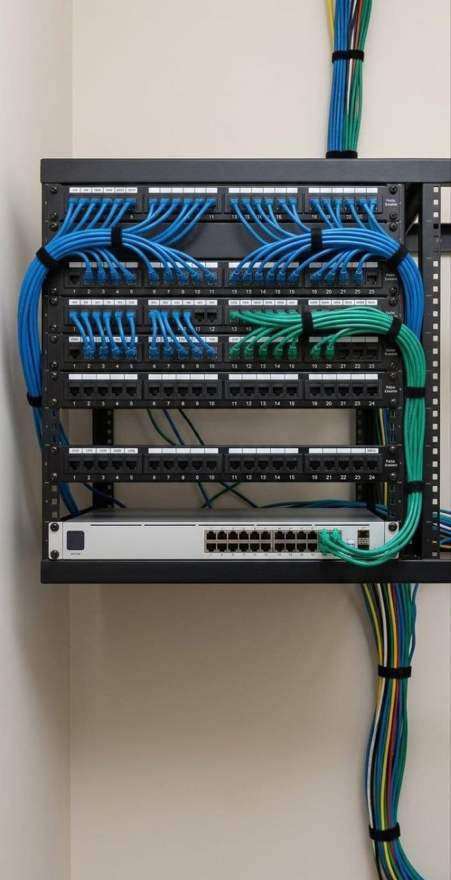 Wall-mounted network rack with multiple patch panels and a 24-port switch wired with neatly cable-managed blue and green Ethernet cables
